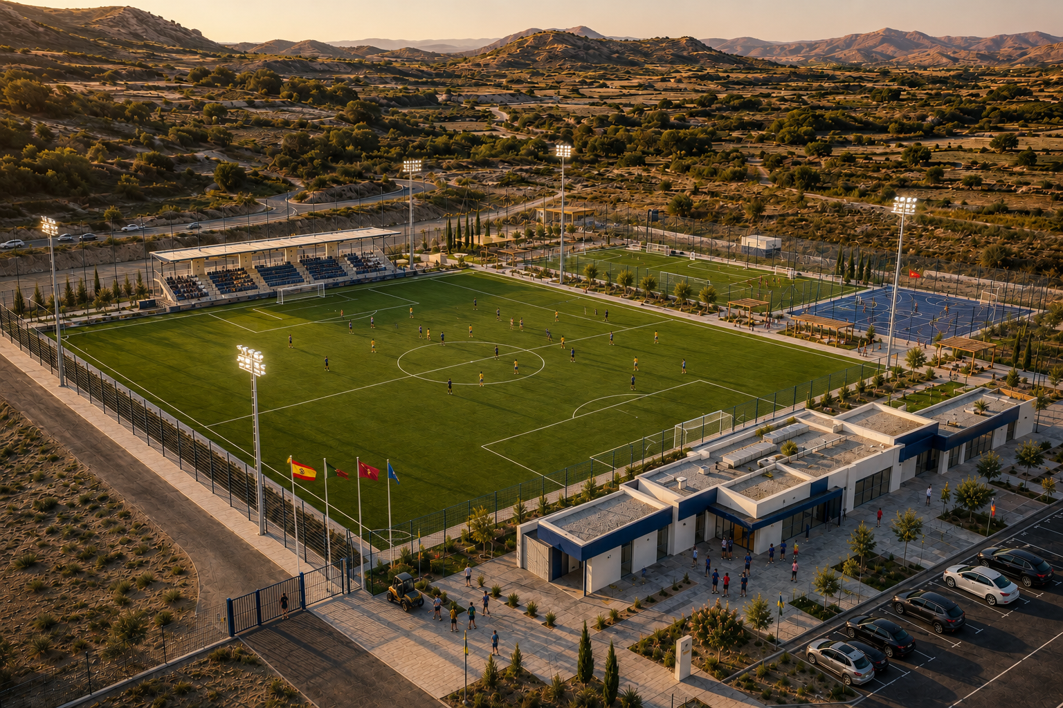 Vista aérea del conjunto C.R. Sport Arena completamente terminado.