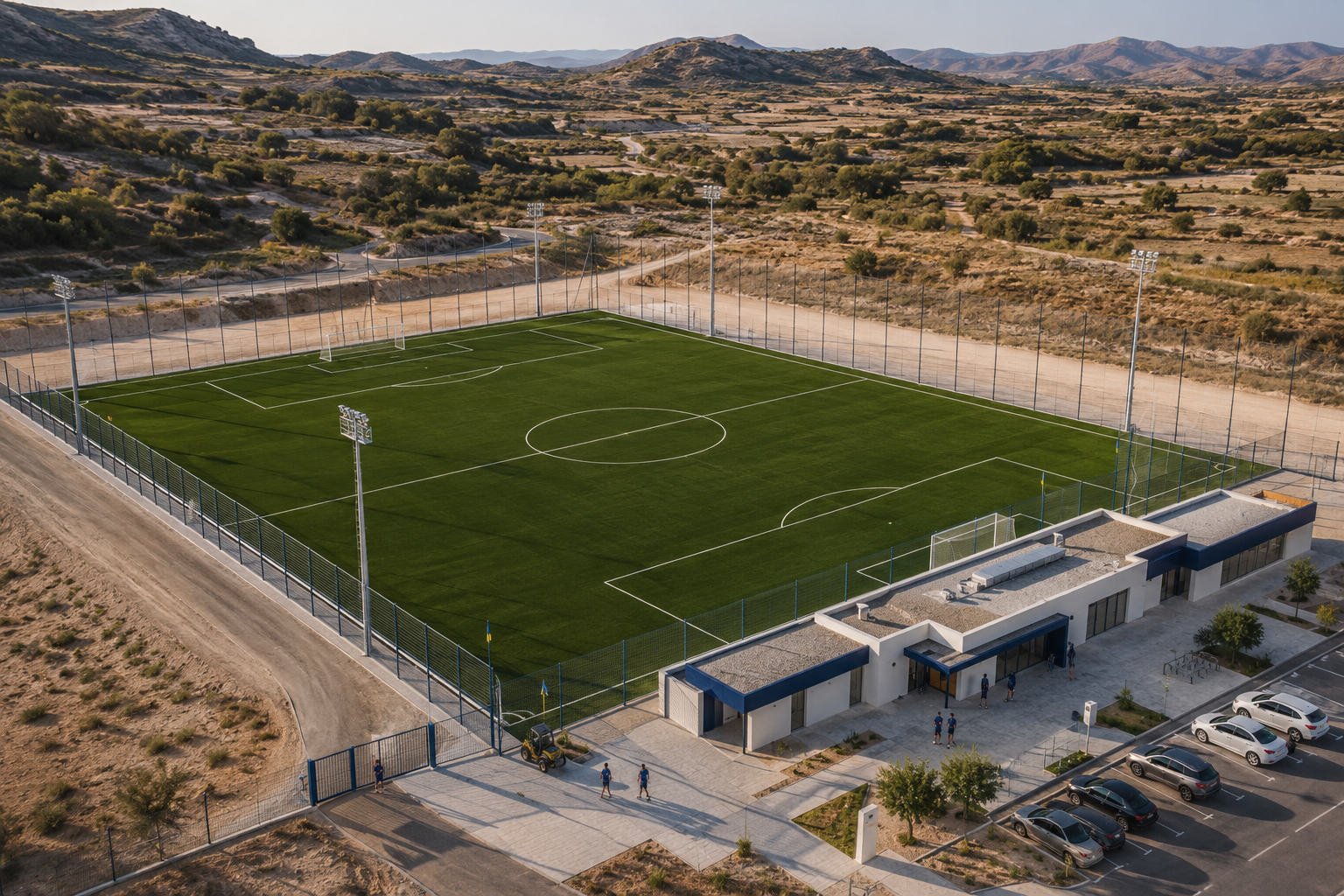 Vista aérea de los vestuarios y edificios de servicios junto al campo.