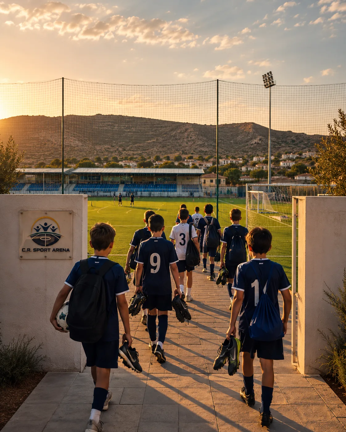 Jóvenes jugadores entrando al campo de la C.R. Sport Arena al atardecer, con la sierra de Campos del Río al fondo